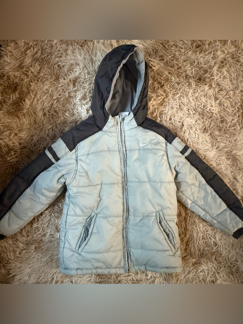 Vintage Nike Colorblock Puffer Jacket Youth Y2K Retro Gray Black Hooded Coat